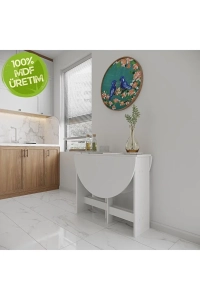 Pratik Katlanır - Açılır Kapanır Yuvarlak Mutfak Yemek Çalışma Masası - 6 Kişilik - %100 MDF